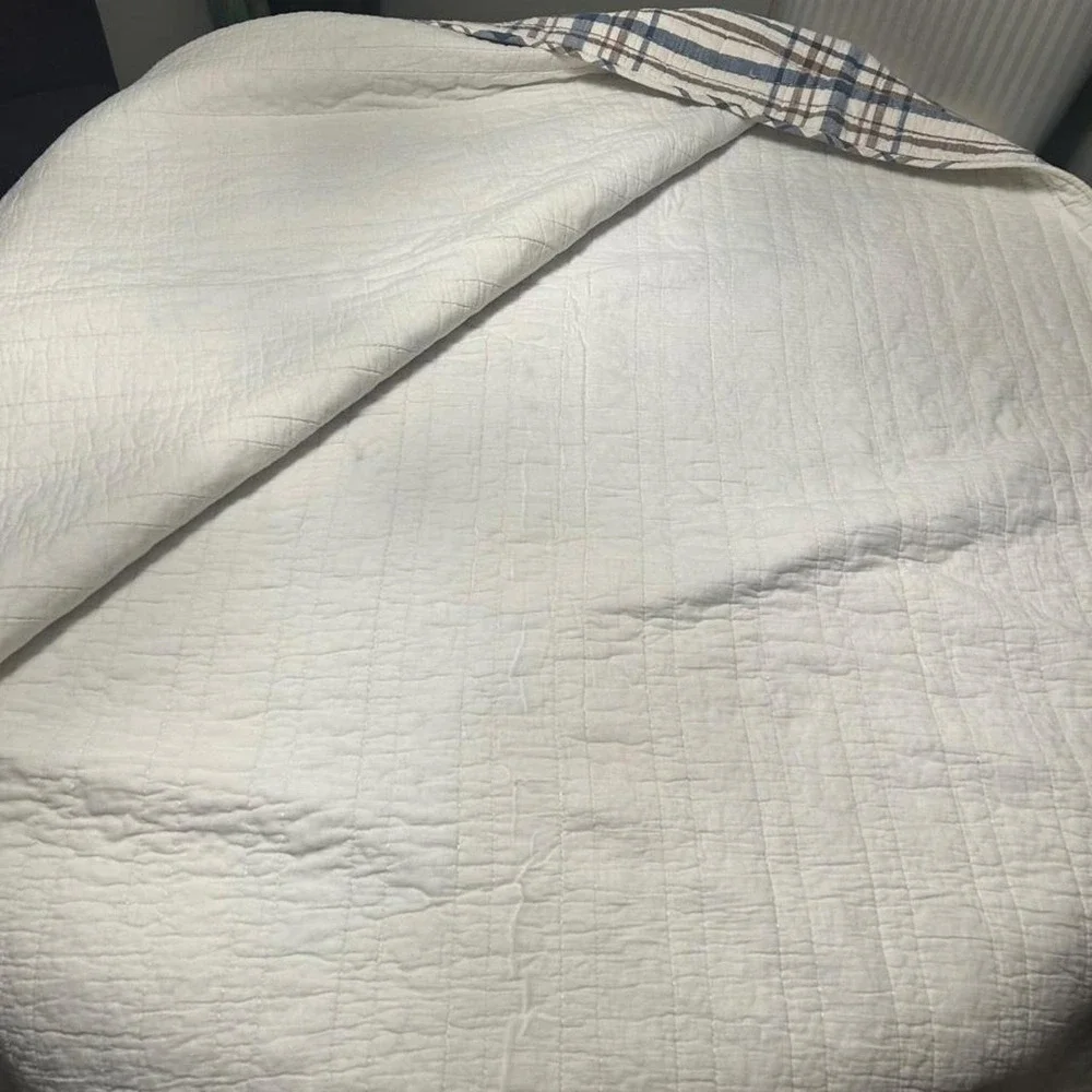 White Blue Plaid Quilt with Brown Stripes Reversible Farmhouse Bedding